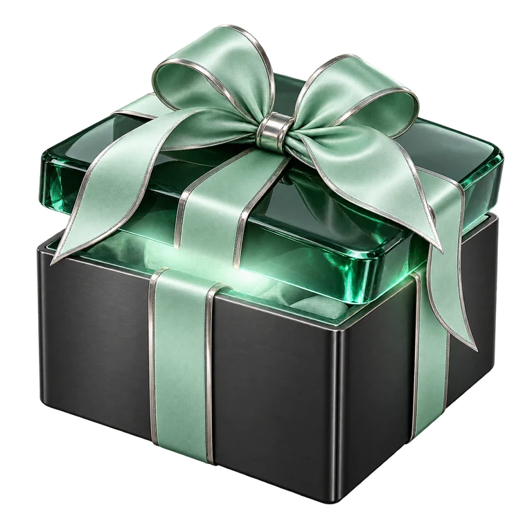 An emerald-glass gift wrapped with a silver ribbon